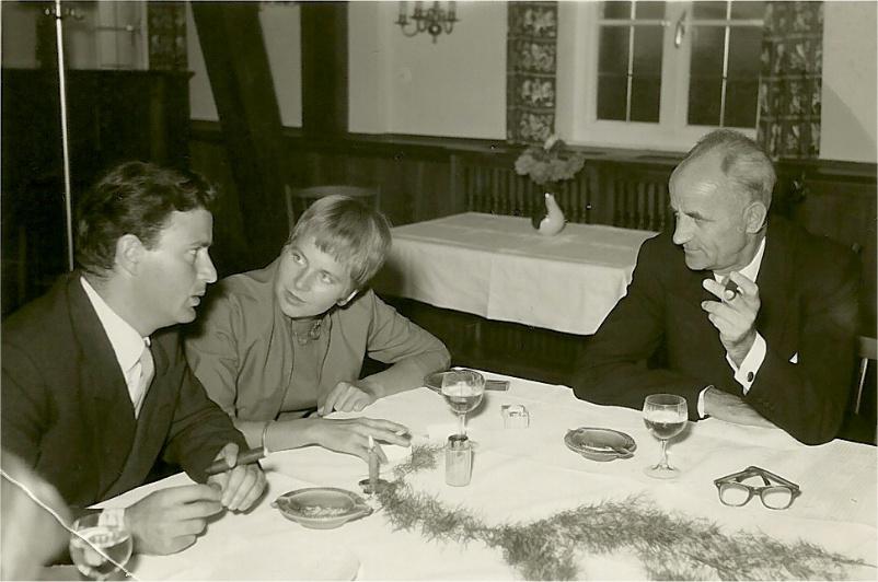 Author visits Volkswagen Works in Wolfsburg, Germany in 1949. Harte on left, with town architect and his daughter, who was the author’s first wife.