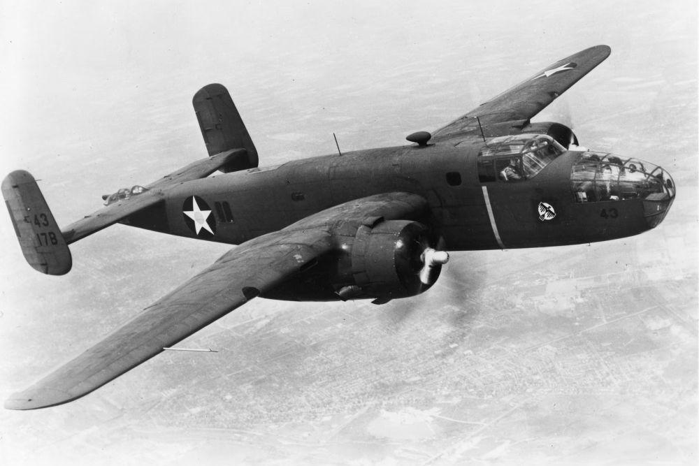 The B-25 Mitchell was a medium bomber of American design, used during the Doolittle Raid as the first type of aircraft ever to take off from an aircraft carrier for an attack on Japan.
